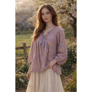 Cleobella Floral Boho Blouse | Cotton Tassel Tie | Size M Lavender Tan Floral